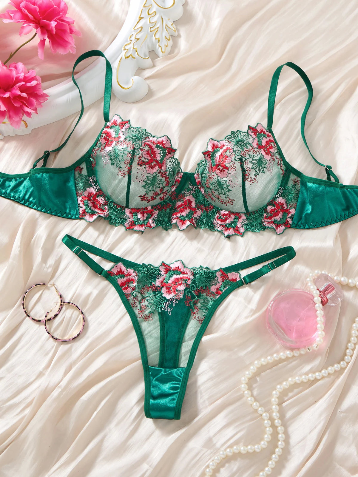 Green Floral Embroidered Satin Bra & Thong Set