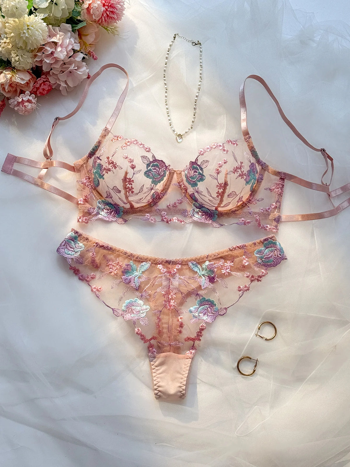 Women's Pink Embroidered Bra & Panty Set