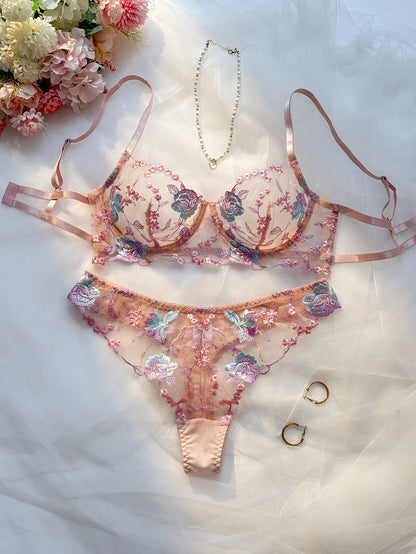 Women's Pink Embroidered Bra & Panty Set