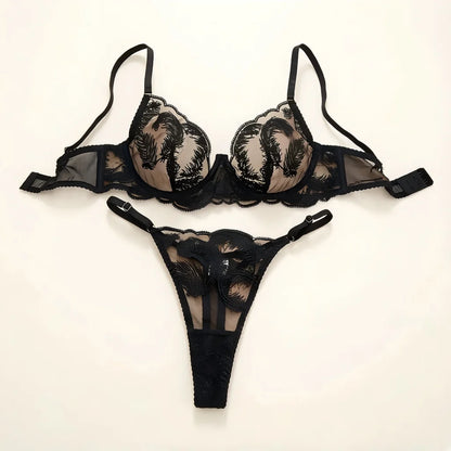Women's Black Feather Detail Lingerie Set
