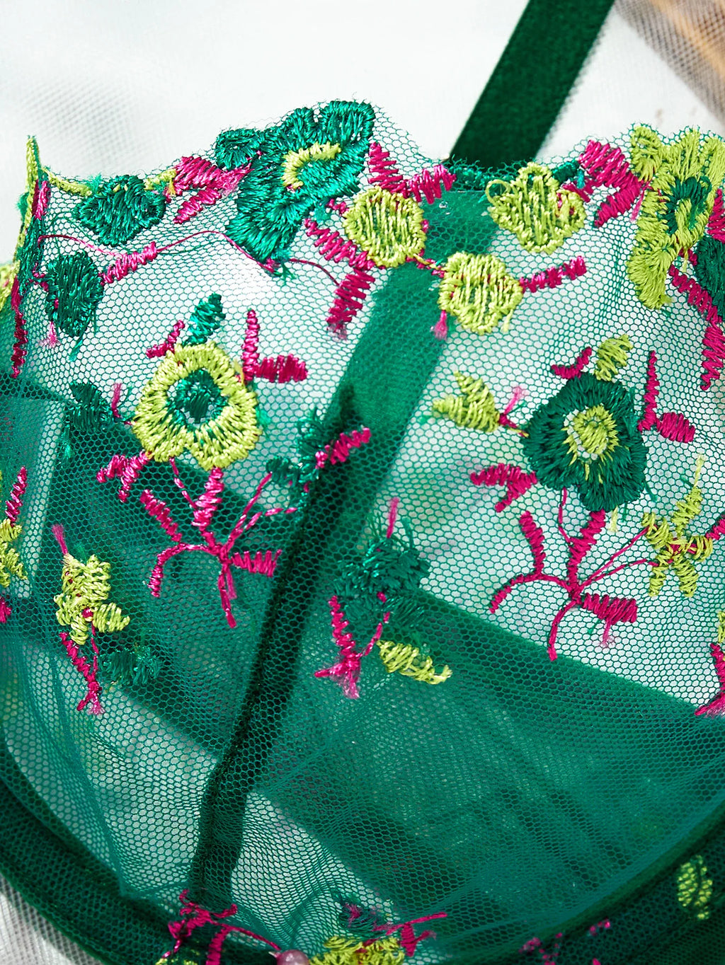 Green Floral Embroidered Bra & Thong Set
