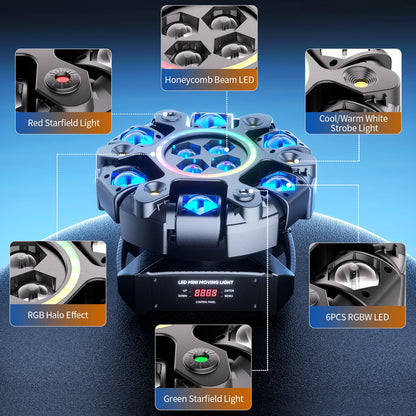 Fieryzeal 150W 6-Arm RGBW Beam Moving Head Light with Strip Effect Stage Light DMX512 Honeycomb Beam Strobe Effect for DJ Party