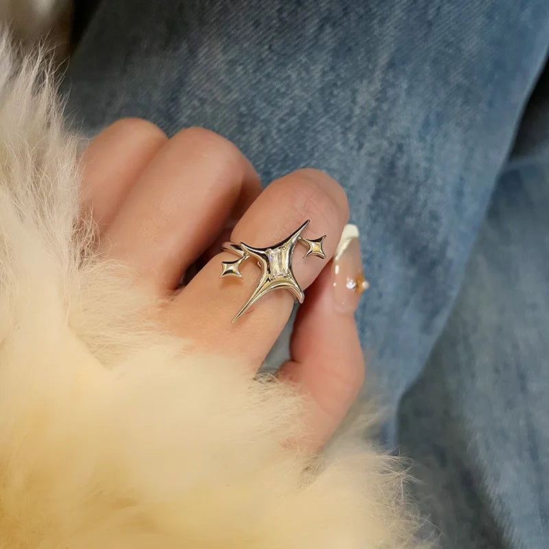 Irregular Cross Star Opal Rings Y2K Natural Stone Star Ring for Women Men Couple Rings Moonstone Zircon Ring Unisex Jewelry 2024