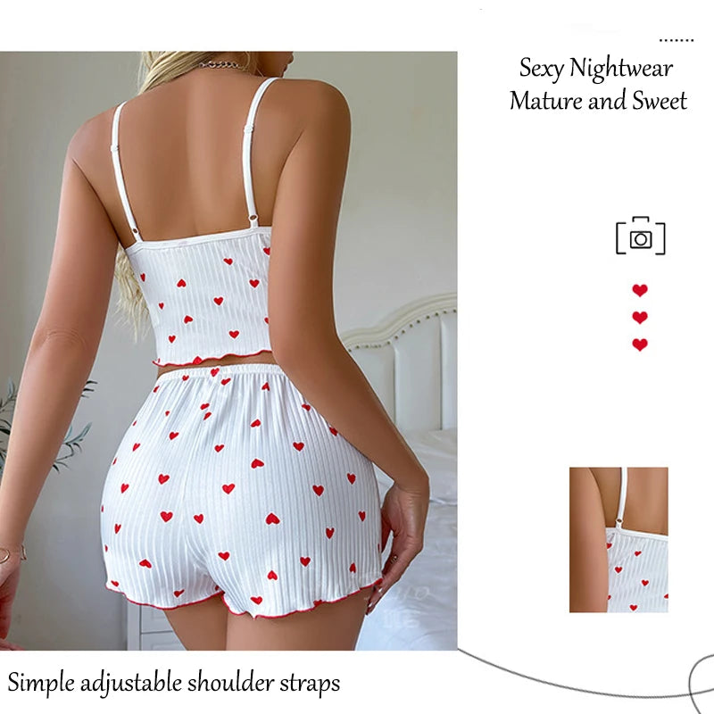 Sleepwear Women Pajamas Set Heart Print Soft Ribbed Fabric with Flirty Frill Trim Casual Cami Top and Shorts Sets Loungewear New