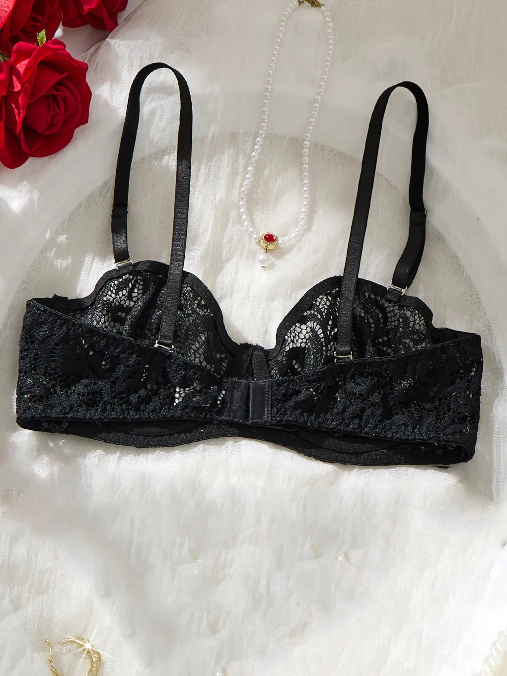 Black Floral Lace Half-Cup Bra
