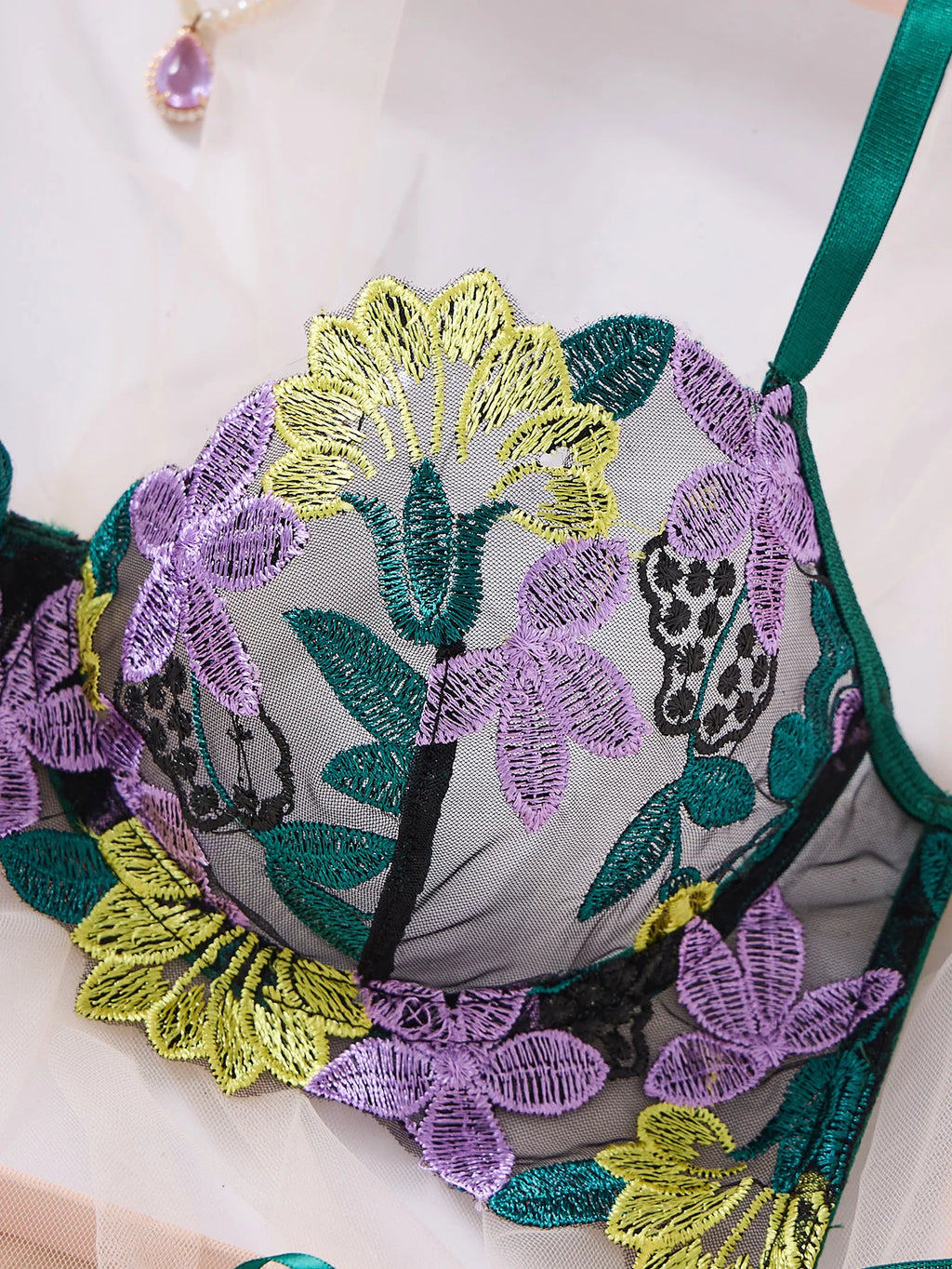 Green Multicolor Floral Embroidered Bra & Thong Set