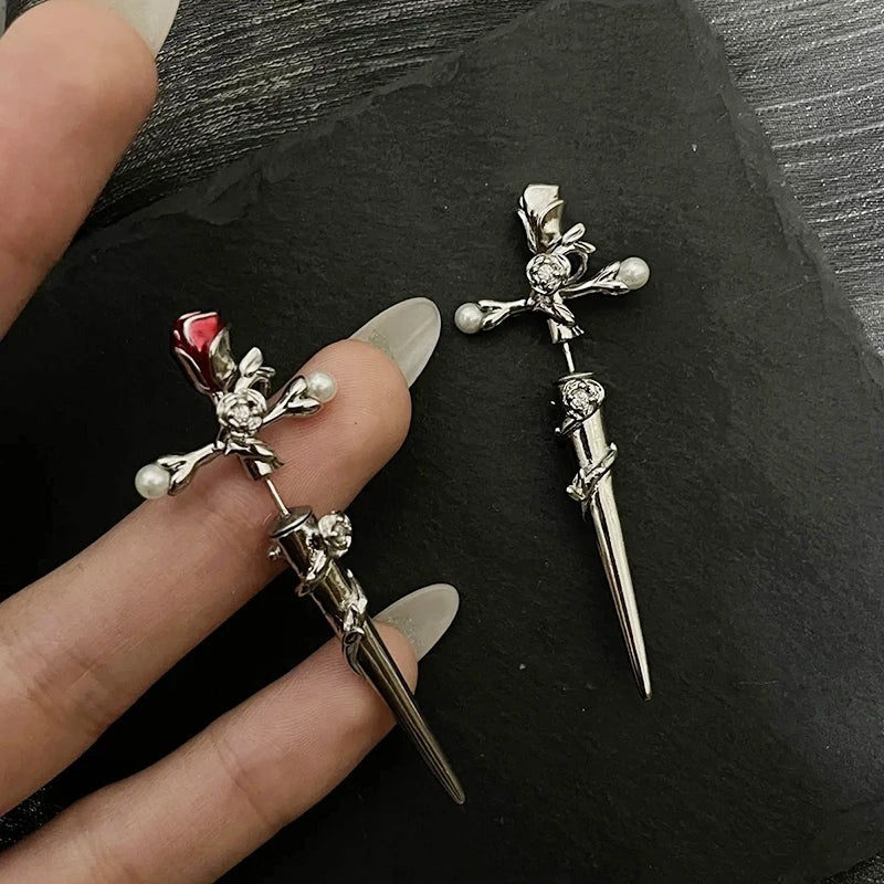 Gothic Red Rose Flower Cross Piercing Earrings Harajuku Kpop Dark Thorn Rose Stud Earring Grunge Girl Cross Sword Jewelry Party