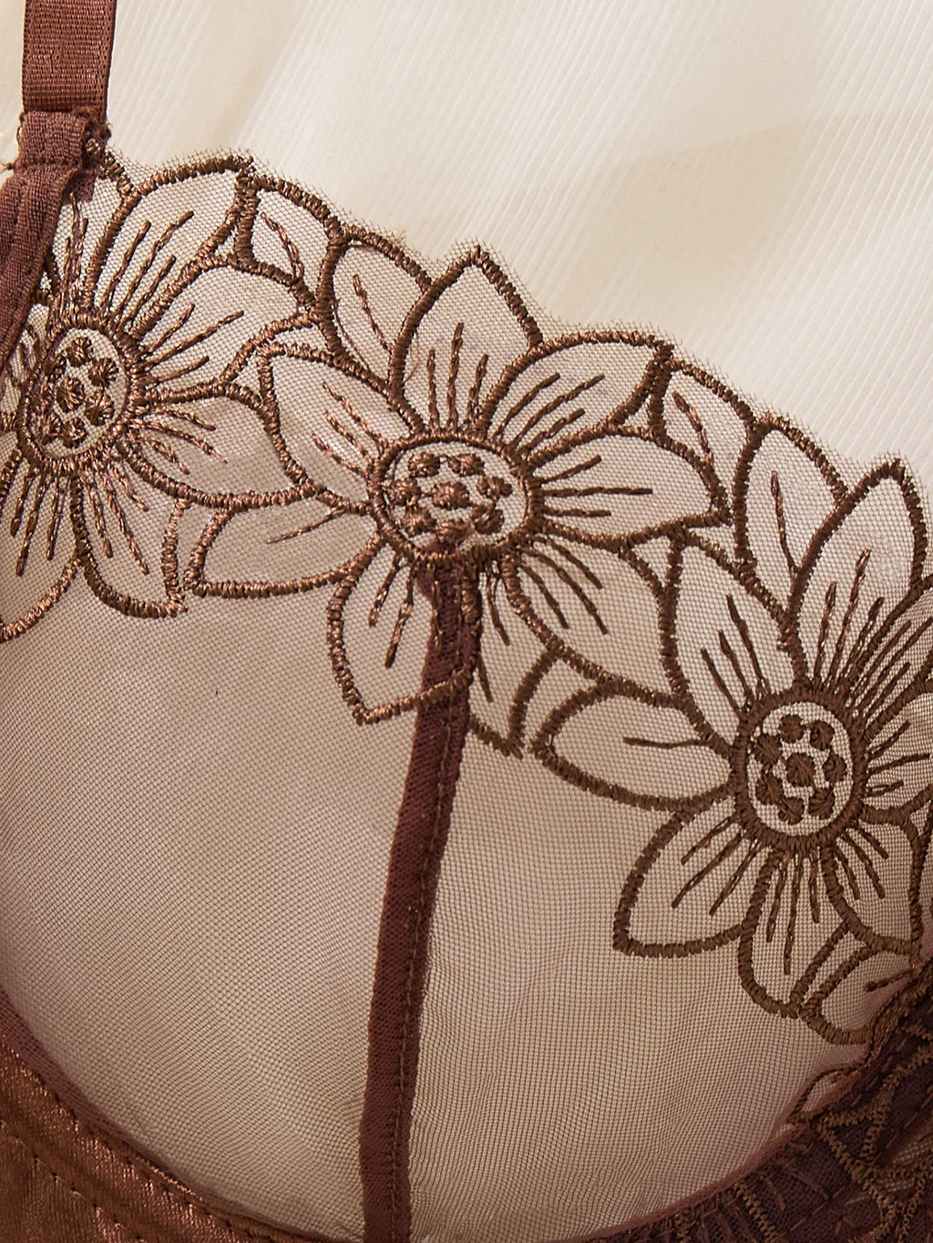 Coffee Brown Floral Embroidered Bra & Thong Set
