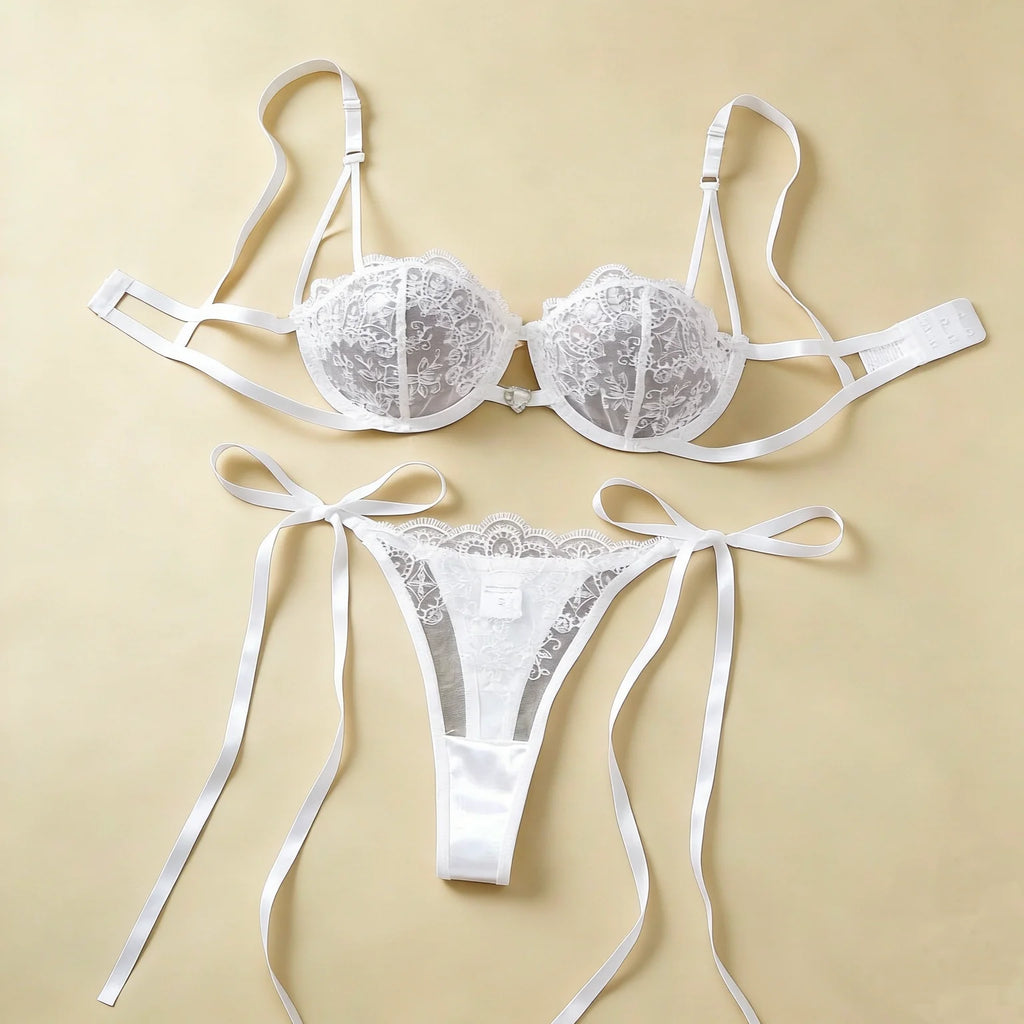 White Floral Embroidered Mesh Bra & Thong Set