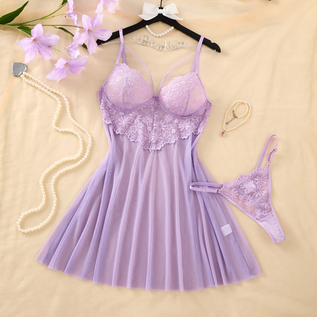 Purple Floral Embroidered Halter Nightgown