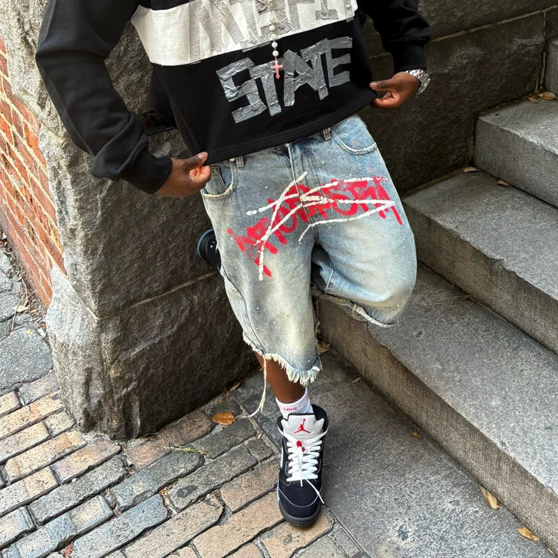 Y2K Graffiti Rhinestone Baggy Jorts
