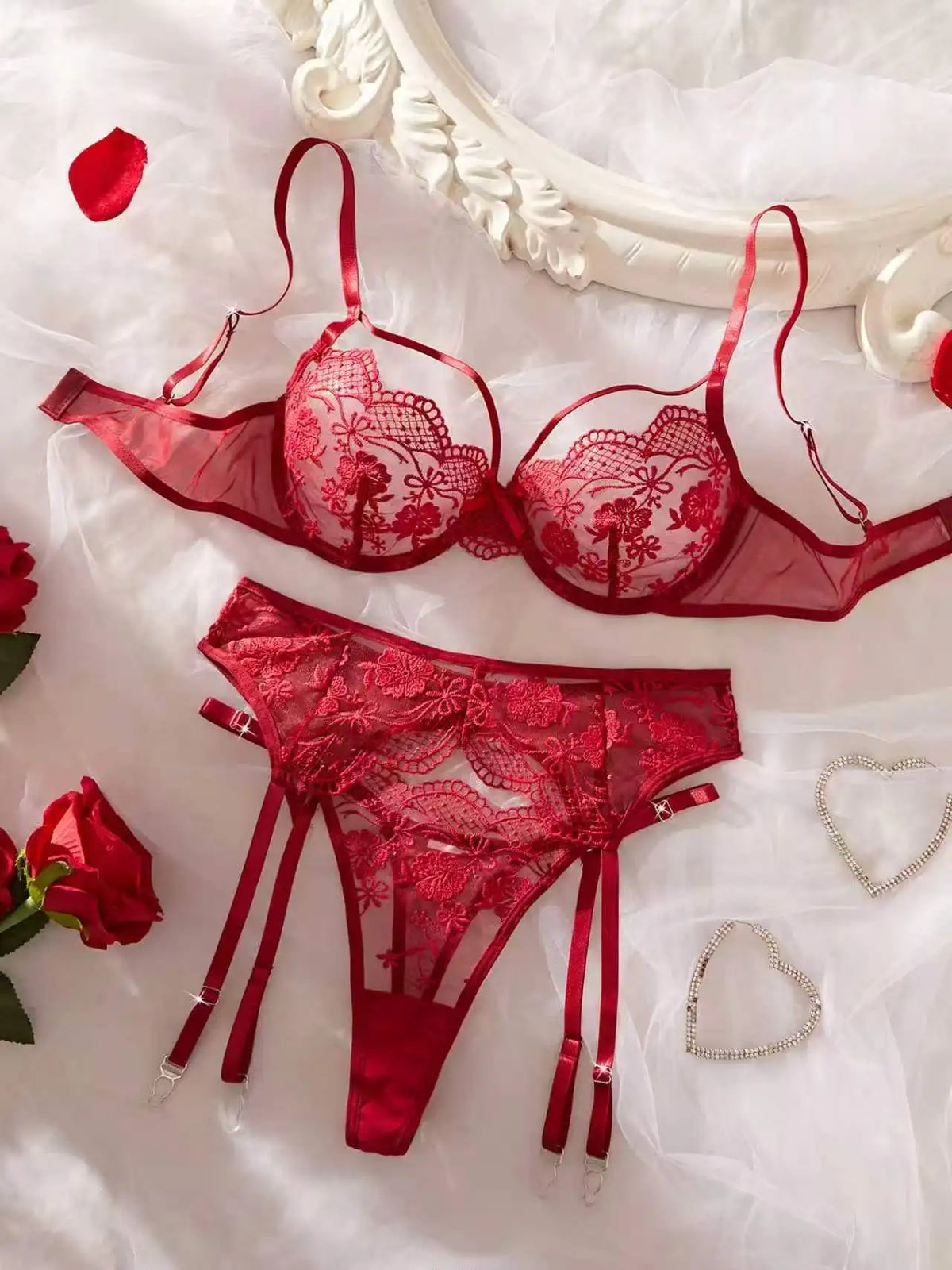 Women's Red Lace Embroidered 3-Piece Lingerie Set
