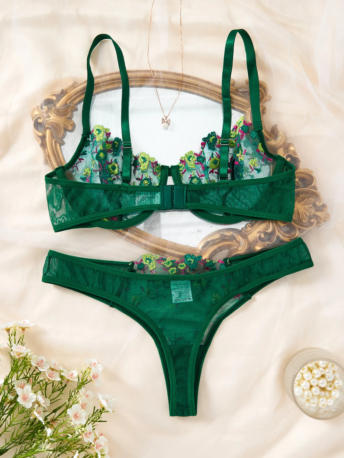 Green Floral Embroidered Bra & Thong Set