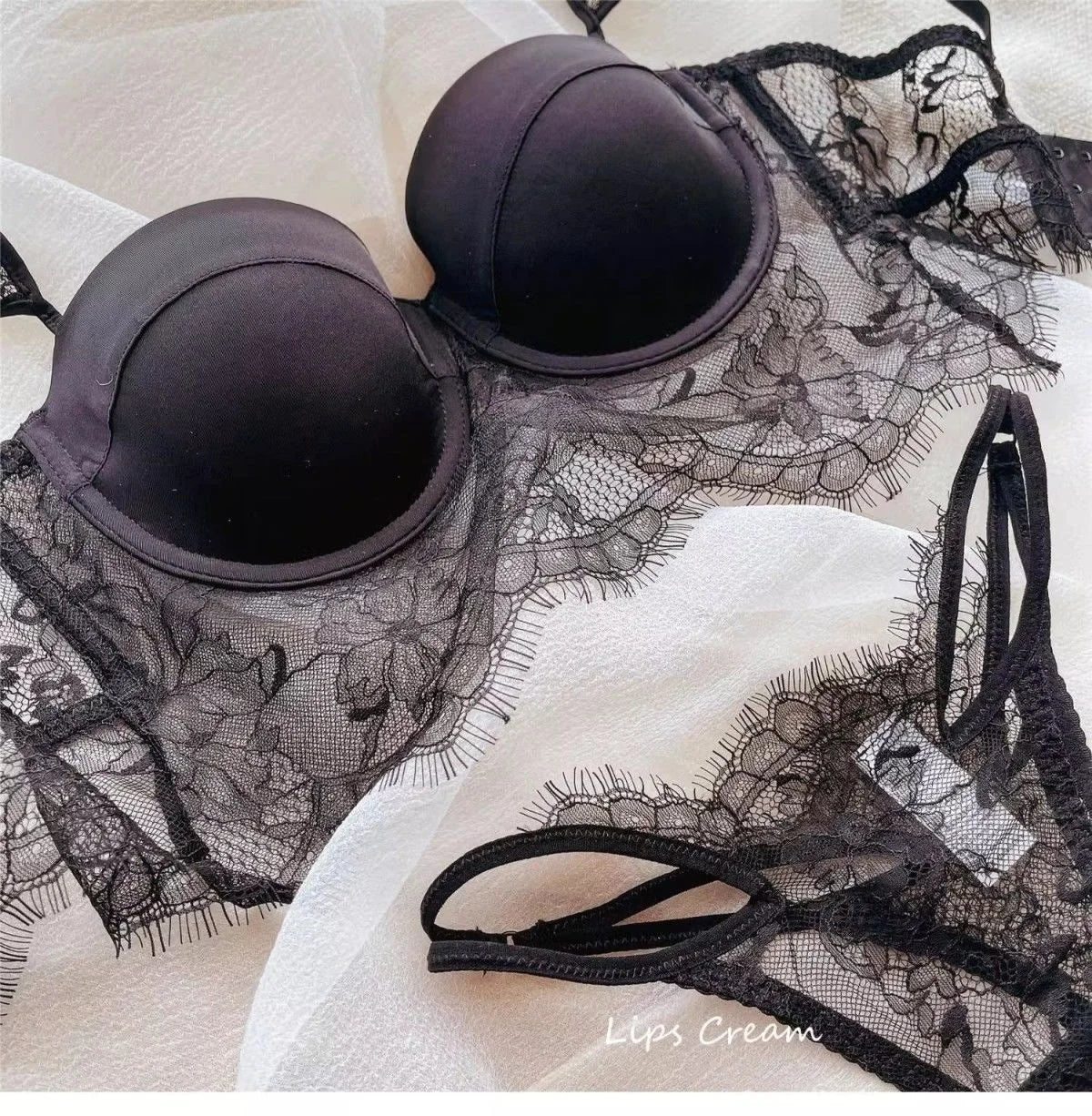 Sexy Lace Underwear Female Poly Poly Thin Soft Steel Ring up Support Anti-Sagging Collect Vice Breasts Solid Color Back Bra Set