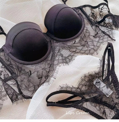 Sexy Lace Underwear Female Poly Poly Thin Soft Steel Ring up Support Anti-Sagging Collect Vice Breasts Solid Color Back Bra Set