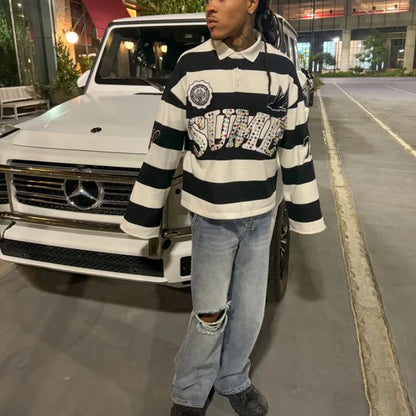 Y2K Retro Long Sleeve Polo Stripe Sume Embroidery Pattern Shirt Men Trend Sport Hip Hop Casual Streetwear Unisex Boxy Clothing