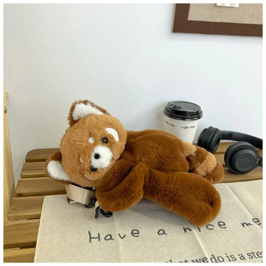 Red Panda Plush Backpack Cute Plushie Doll Women Crossbody Fur Soft Shoulder Bag for Camping Travel Party Female Birthday Gift