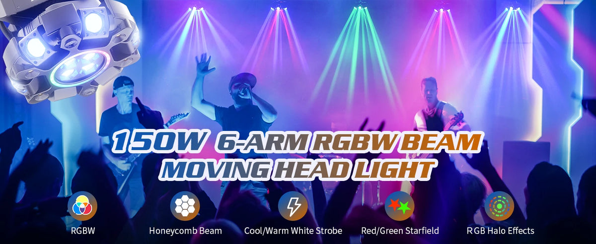 Fieryzeal 150W 6-Arm RGBW Beam Moving Head Light with Strip Effect Stage Light DMX512 Honeycomb Beam Strobe Effect for DJ Party