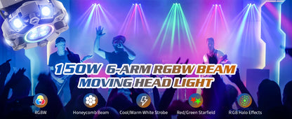 Fieryzeal 150W 6-Arm RGBW Beam Moving Head Light with Strip Effect Stage Light DMX512 Honeycomb Beam Strobe Effect for DJ Party