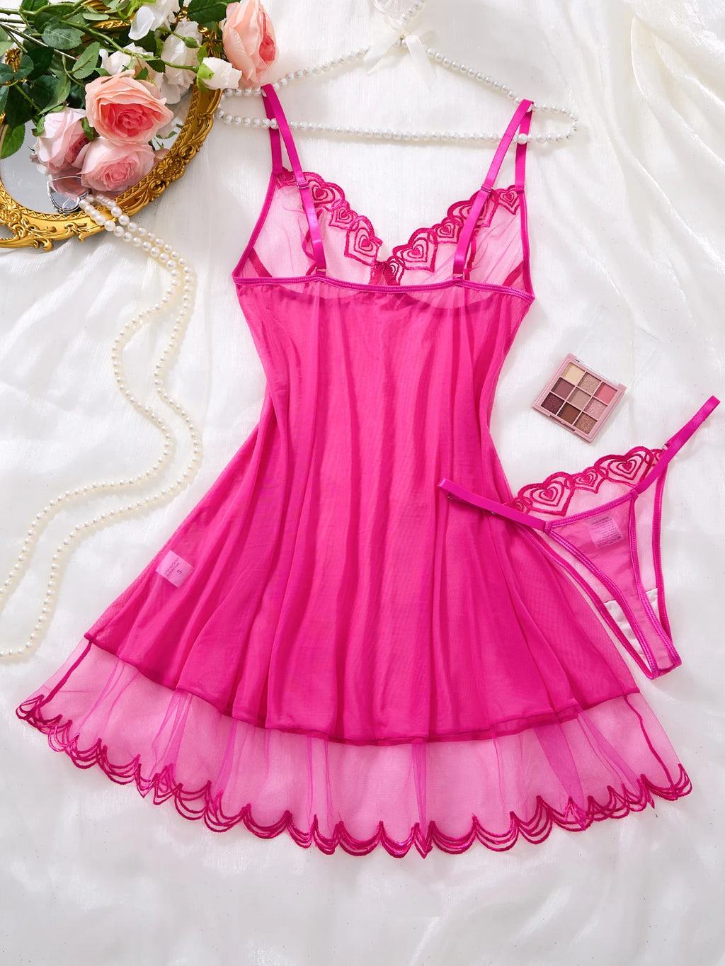 Pink Embroidered Halter Nightgown Set