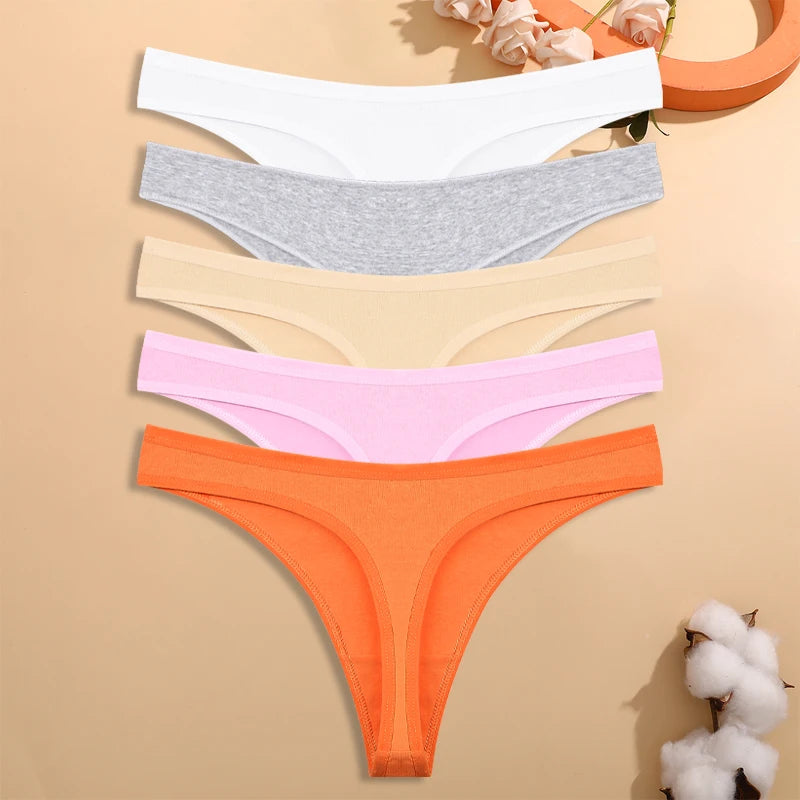 5PCS/Set Women Cotton Thongs Seamless Low Rise Underwear Sexy V-Waist Breathable T-Back Solid Color Girls Comfortable Lingerie