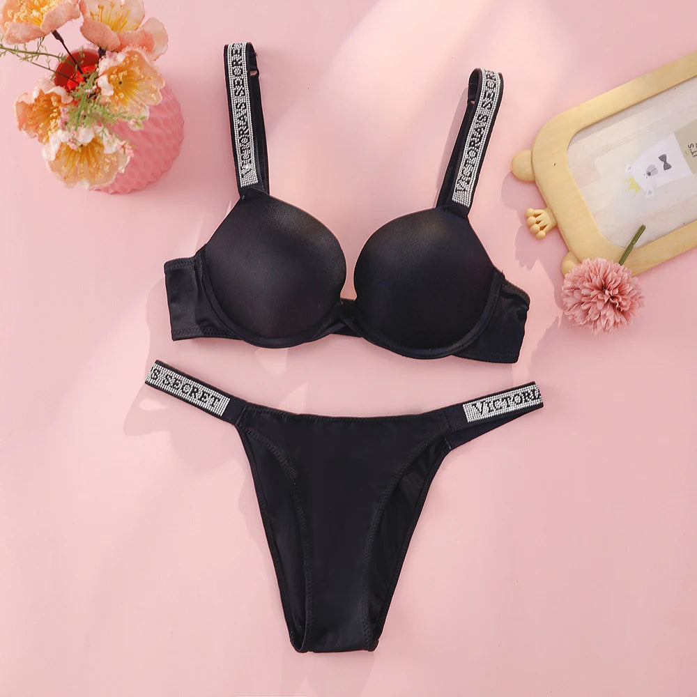 Victoria Secret Hot Sexy Lingerie Set Very Sexy Logo Shine Strap Tropical Floral Push Up Bra Shine Script Thong Panty