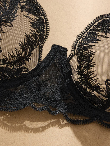Women's Black Feather Detail Lingerie Set