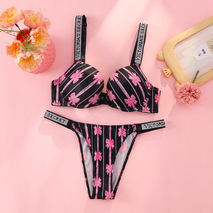 Victoria s Secret Rhinestone Logo Shoulder Straps Lace Underwear Sexy Lingerie Set Push Up Bra And Panties Set For Women