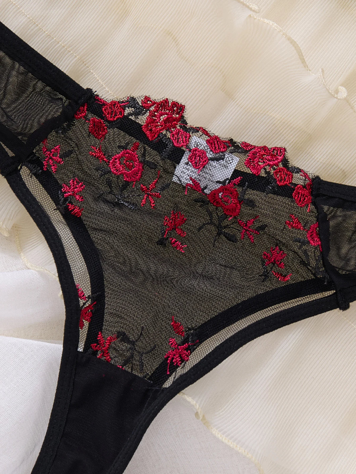Black & Red Floral Embroidered Bra & Thong Set