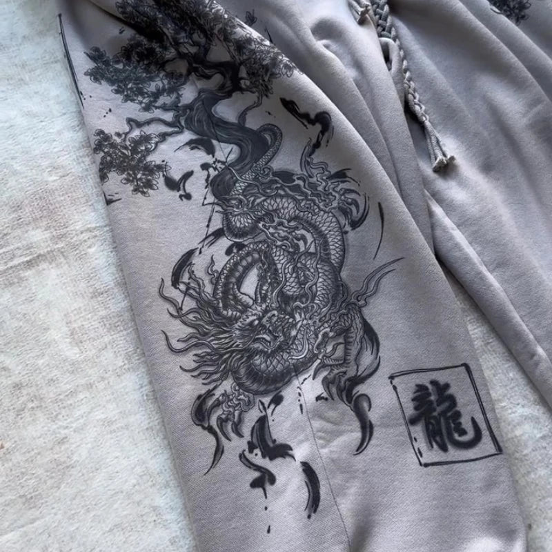 Y2K Retro Sweatpants Dragon Elm Bonsai Grunge Wash Braided Rope Belt Pants Grey Trend Chinese Streetwear Unisex Baggy Trousers