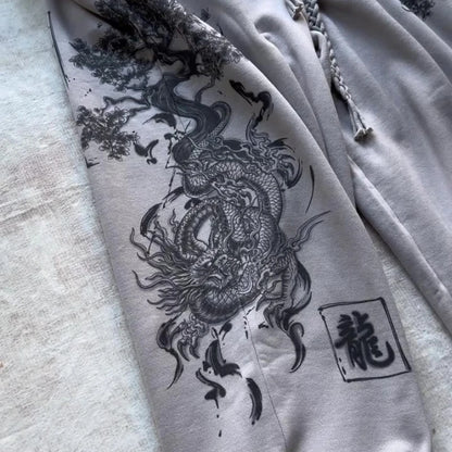 Y2K Retro Sweatpants Dragon Elm Bonsai Grunge Wash Braided Rope Belt Pants Grey Trend Chinese Streetwear Unisex Baggy Trousers