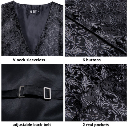 Men's Black Dress Vest Set with Tie Pocket Square Cufflinks - Jacquard Formal Tuxedo Waistcoat Suit Wedding Business Party