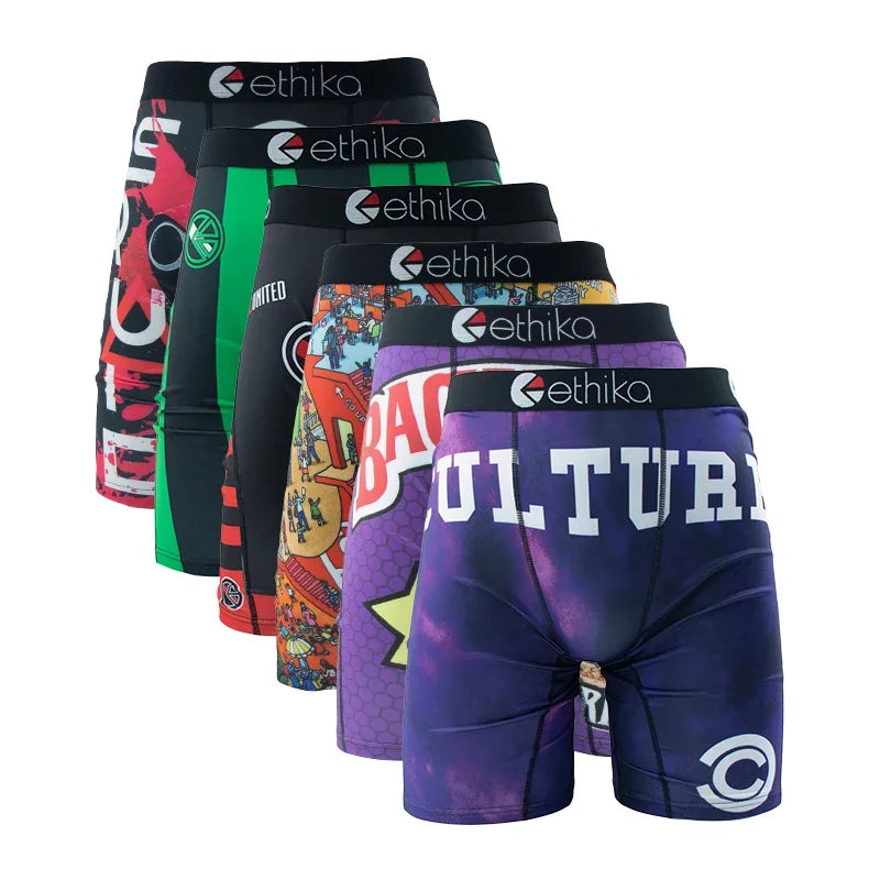 ETHIKA 6Pcs Men Underwear Boxers Breathable Mesh Man Swimming Underpants Plus Size Printed Mens Panties Sexy Men's Boxershorts