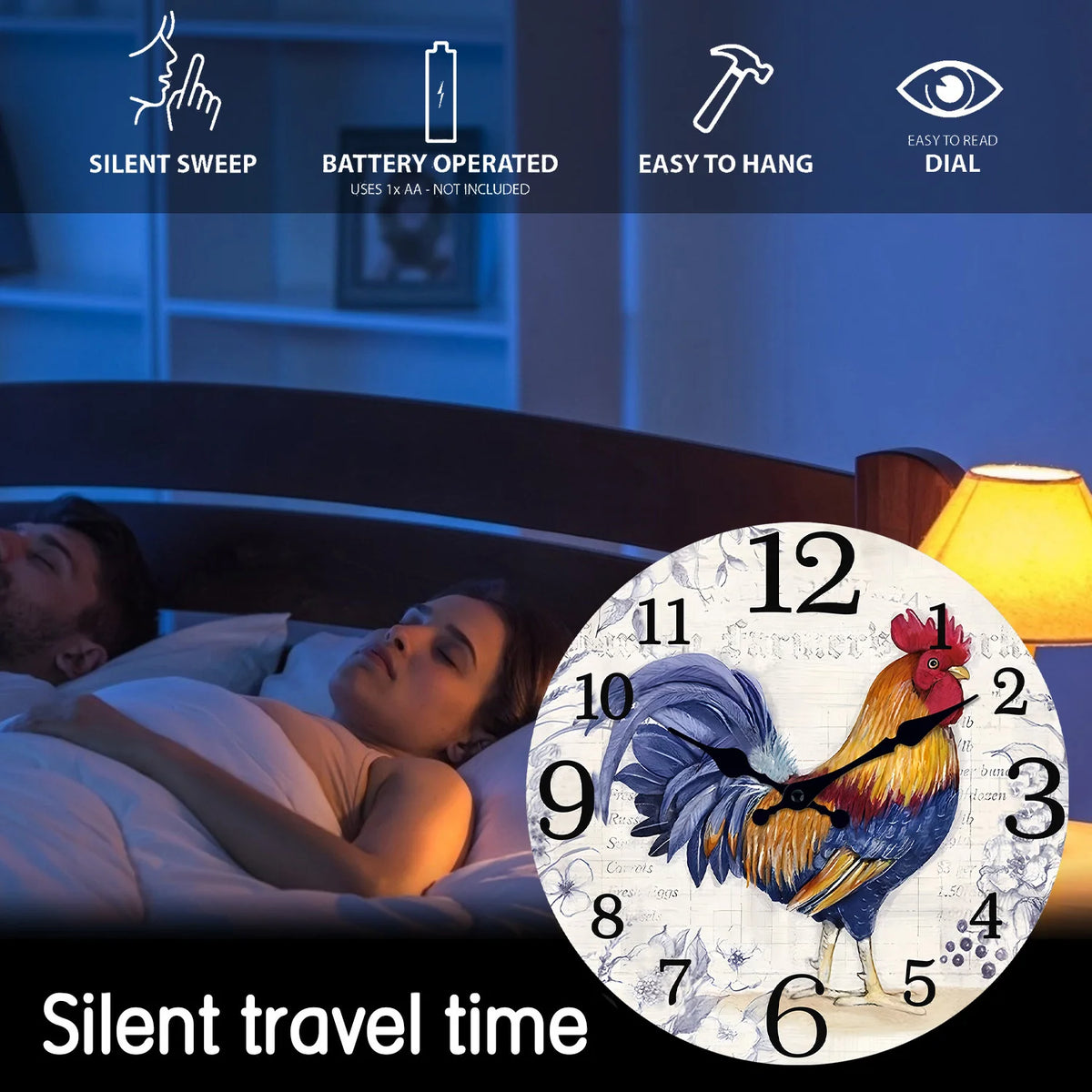 Fashionable Rooster Pattern Wooden Wall Clock for Living Room, Bedroom, Kitchen, Home Decoration, Silent Quartz Clock, Holiday Gift, 10 Inches, 12 Inches (No Battery)