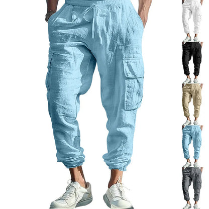 Amazon Cross-Border Cotton and Linen Tied Feet Multi-Pocket Tether Solid Color Loose Drawstring Trousers