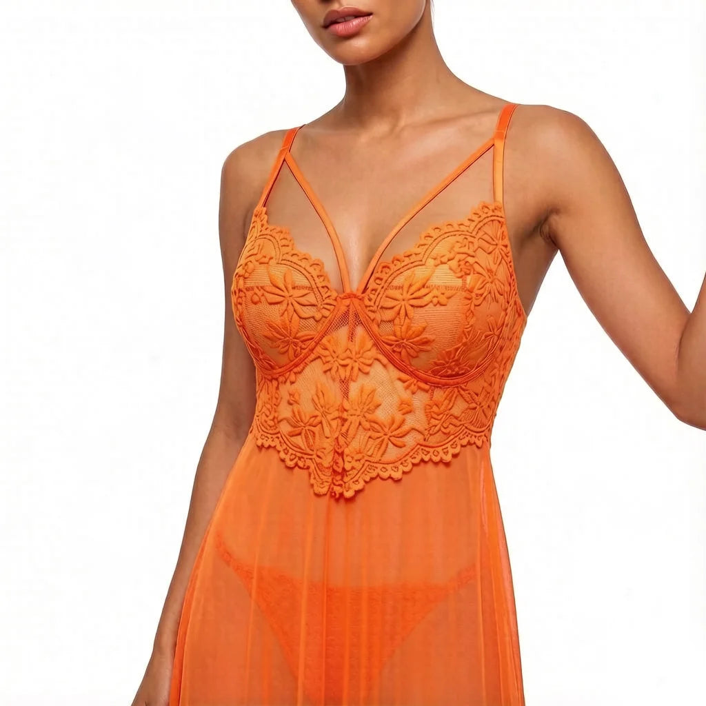 Orange Lace Mesh Sleepwear Set