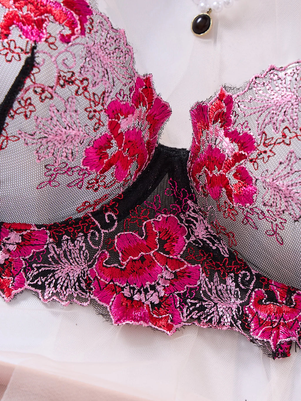 Hot Pink Floral Embroidered Bra & Thong Set