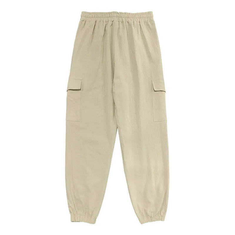 Amazon Cross-Border Cotton and Linen Tied Feet Multi-Pocket Tether Solid Color Loose Drawstring Trousers