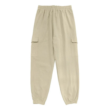 Amazon Cross-Border Cotton and Linen Tied Feet Multi-Pocket Tether Solid Color Loose Drawstring Trousers