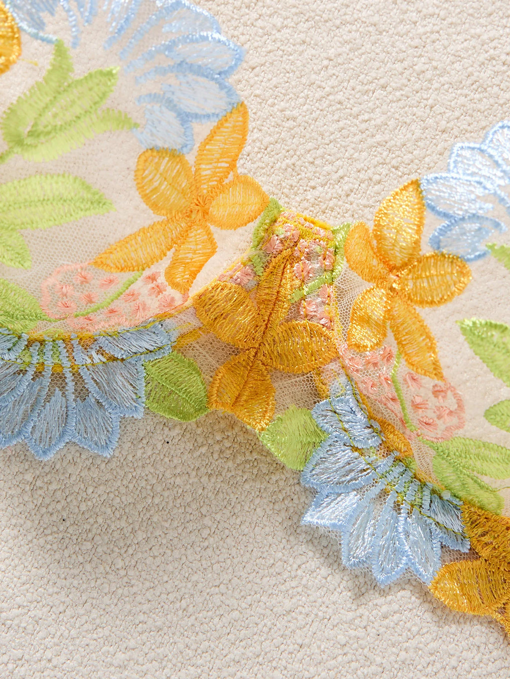 Yellow Floral Embroidered Bra & Tie-Side Thong Set