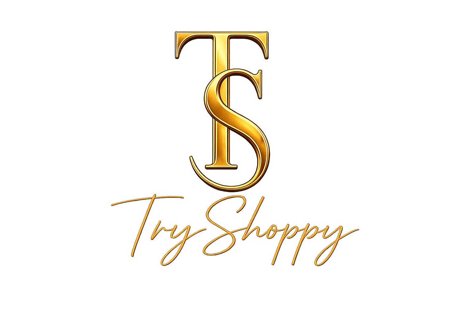 A gold monogram logo featuring interlocking stylized letters T and S above the script text 'TryShoppy' on a plain white background.