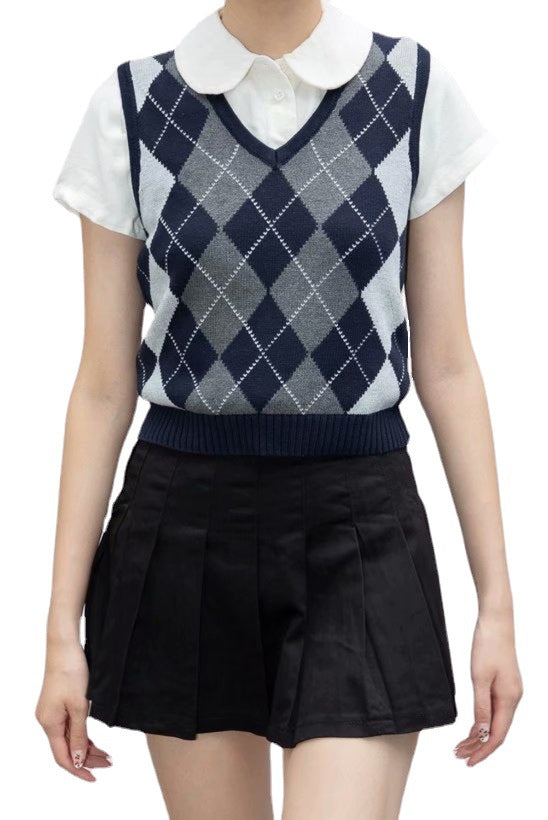 Retro Preppy Style Versatile Diamond-Check BM Knitted Vest - TRYSHOPPY