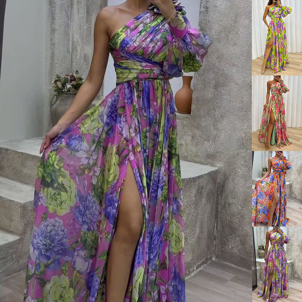 Floral Print Split Maxi Dress Fashion Sexy One-shoulder Long-sleeved Dresses Summer Beach Clothing For Women