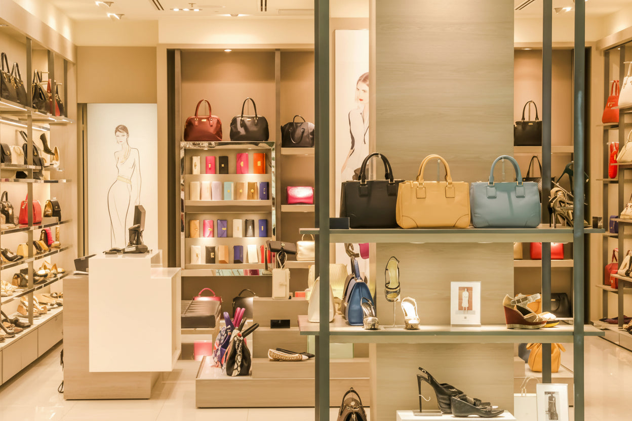 Display of handbags in a store with shelves and glass partitions.